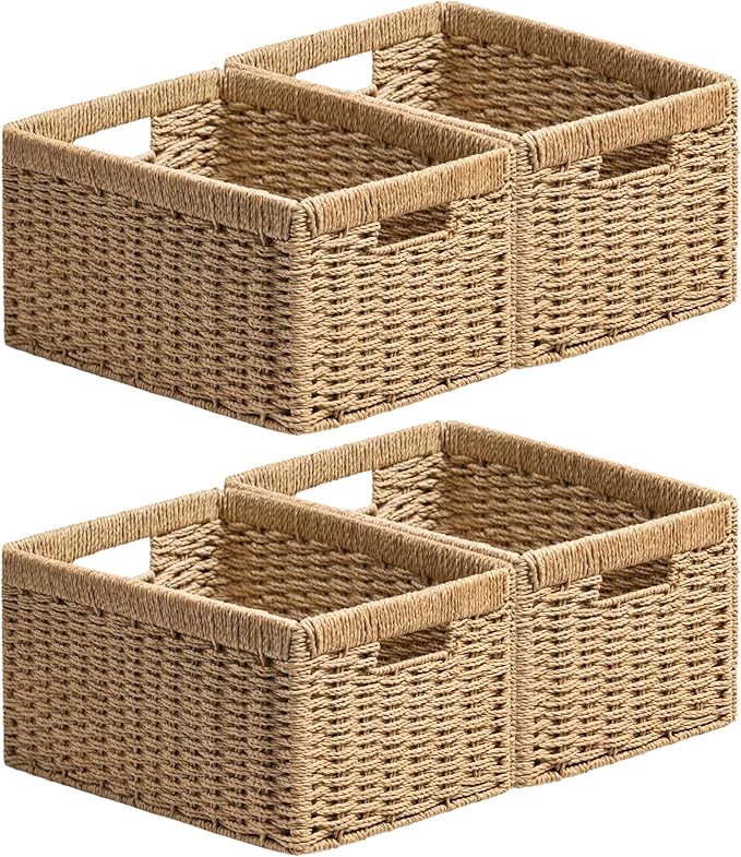 joybest Shelf Storage Wicker Baskets, 4-Pack Woven Paper Rope Baskets for Organizing, Foldable Rectangular Bin with Handles for Pantry, 13.4L x 8.3W x 7.1H Inch, Natural