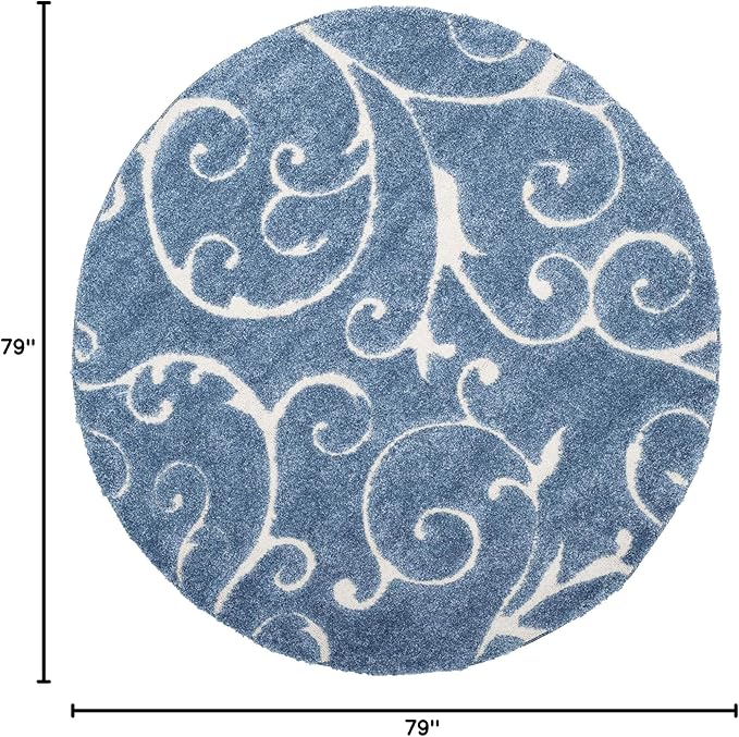SAFAVIEH Florida Shag Collection Area Rug - 6'7" Round, Light Blue & Cream, Scroll Design, Non-Shedding & Easy to Clean, High-Low Plush Pile, Ideal for Living Room, Bedroom, Dining Space (SG455-6011)