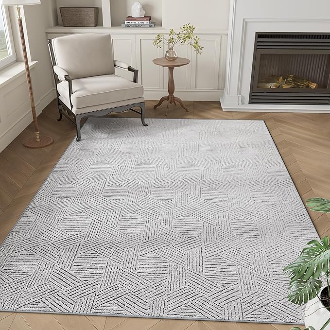 NICETOWN Area Rug 5x7 for Living Room- Non Slip Thin Jacquard Grey Machine Washable Rug Geometric Modern for Bedroom Large Entryway Rug with Rubberback Throw Carpet for Office Bathroom Bedroom, Grey