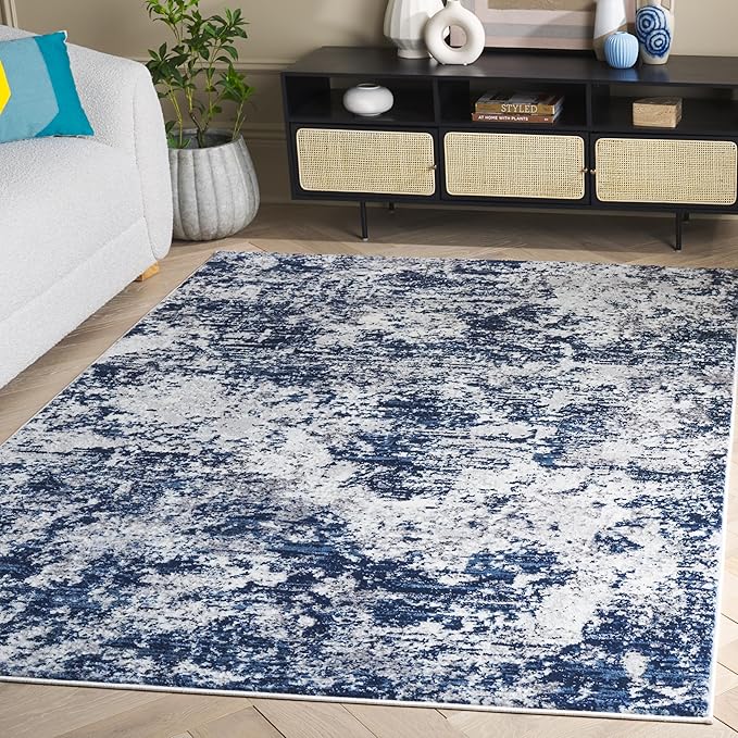 SAFAVIEH Amelia Collection Area Rug - 9' x 12', Ivory & Navy, Modern Abstract Design, Non-Shedding & Easy Care, Ideal for The Living Room, Dining, Bedroom (ALA705A)