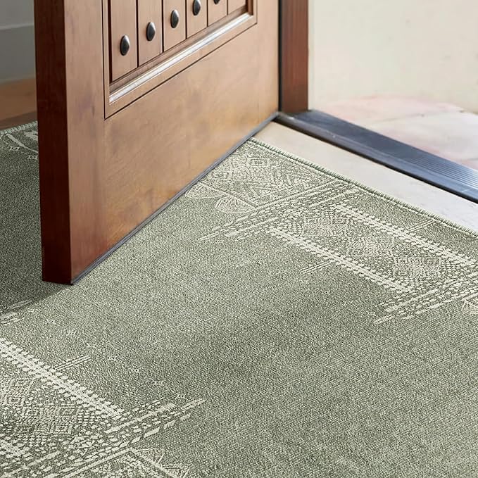 NICETOWN Sage Green Rug 2x3 Entryway Small Carpet Washable Thin Geometric Area Rug with Rubber Backing - 2x3 Boho Non-Slip Foyer Carpet for Kitchen Laundry Bathroom Bedroom