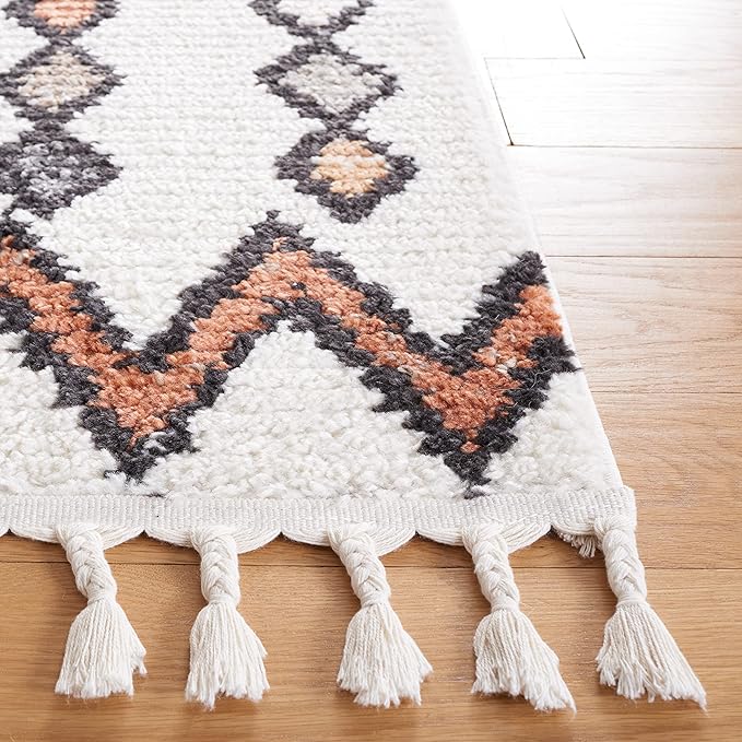 SAFAVIEH Moroccan Tassels Collection Area Rug - 8'8" x 12', Ivory & Orange, Modern Boho Rustic Design, Non-Shedding & Easy Care, Ideal for High Traffic Areas in Living Room, Bedroom (MRT105A)