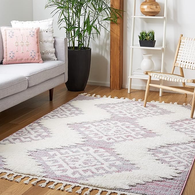 SAFAVIEH Moroccan Tassel Shag Collection Area Rug - 9' x 12', Pink & Ivory, Boho Rustic Trellis, Non-Shedding & Easy Care, 2-inch Thick Ideal for High Traffic Areas in Living Room, Bedroom (MTS652U)