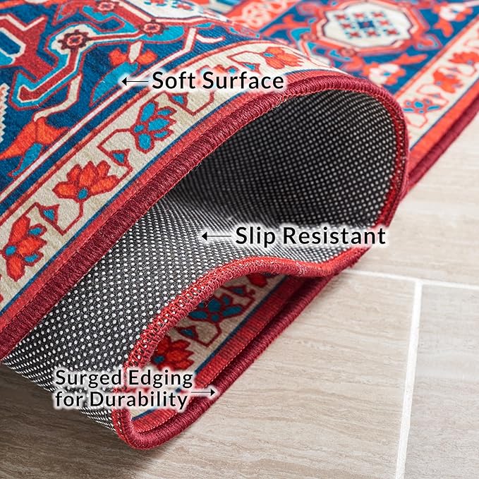 SAFAVIEH Washable Rug Tucson Collection - 4' Square, Red & Blue, Slip Resistant & Easy to Clean, Ideal for Foyer, Kitchen, Nursery, Office, Bedroom (TSN101Q)