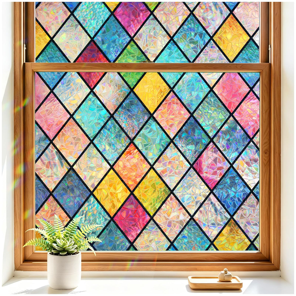 Haton Stained Glass Window Film, Rainbow Lattice Stickers - Image 1