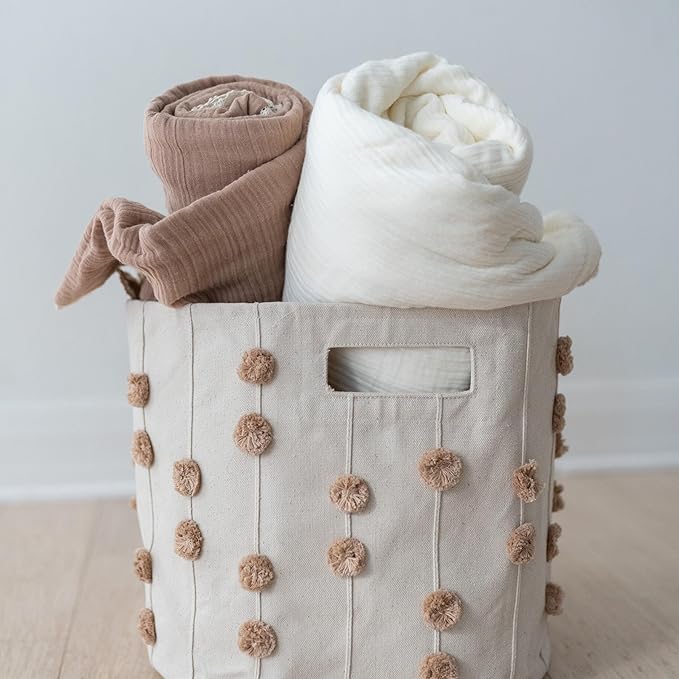 MakeMake Organics Storage Bins for Kids Nursery Bin Organizer (13"x12") Laundry Basket for Closet, Decorative Floor Storage Basket Canvas Fabric Storage Basket (Pompom - Taupe)