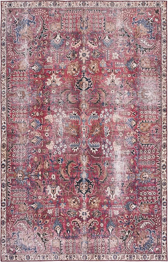 SAFAVIEH Washable Rug Tucson Collection - 4' x 6', Red & Beige, Slip Resistant & Easy to Clean, Ideal for Foyer, Kitchen, Nursery, Office, Bedroom (TSN174Q)