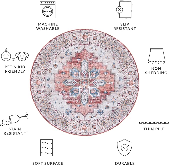 SAFAVIEH Washable Rug Tucson Collection - 4' Round, Beige & Blue, Slip Resistant & Easy to Clean, Ideal for Foyer, Kitchen, Nursery, Office, Bedroom (TSN109B)