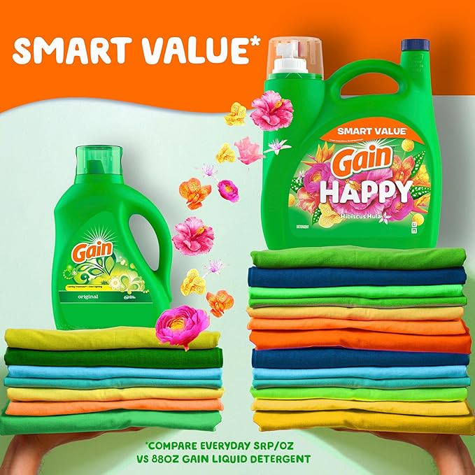 Gain Liquid Laundry Detergent, Happy, HE Compatible, 154 fl oz, 107 Loads