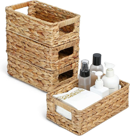 4 Small 3.6 QT Water Hyacinth Wicker Baskets for Shelves, 10" Long Woven Pantry Organizers and Storage Basket, Decorative Ratten Shallow Rectangle Baskets for Organizing Countertop Bathroom