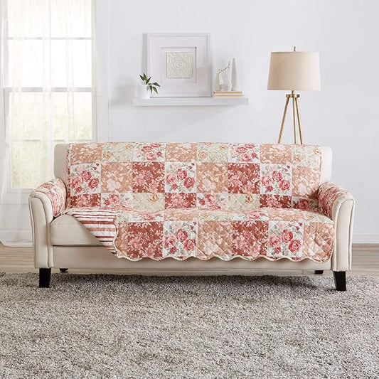 Great Bay Home Reversible Floral Patchwork Furniture Protector - Machine Washable, Scalloped Edge, Stain Resistant, Printed Furniture Cover for Dogs, Kids, and Pets (Sofa, Burgundy/Taupe)