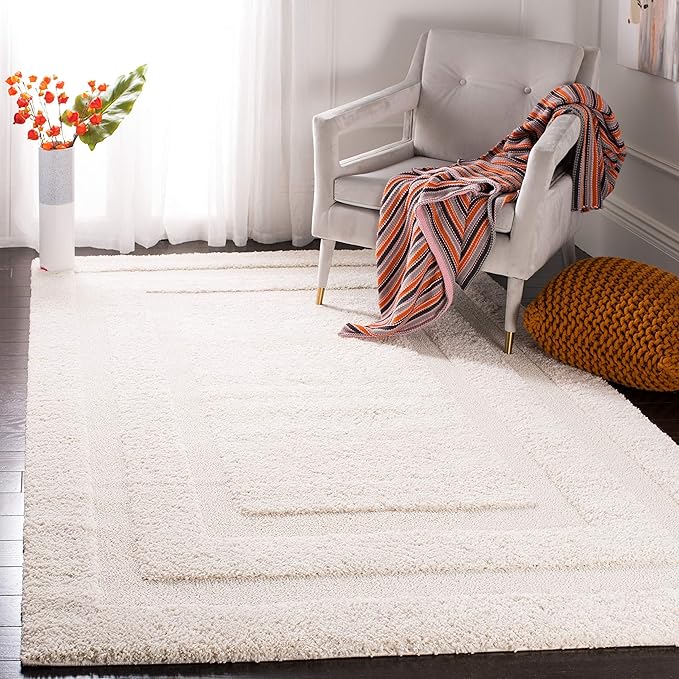SAFAVIEH Florida Shag Collection Area Rug - 5' Square, Creme & Creme, Border Design, Non-Shedding & Easy Care, 1.2-inch Thick Ideal for High Traffic Areas in Living Room, Bedroom (SG454-1111)