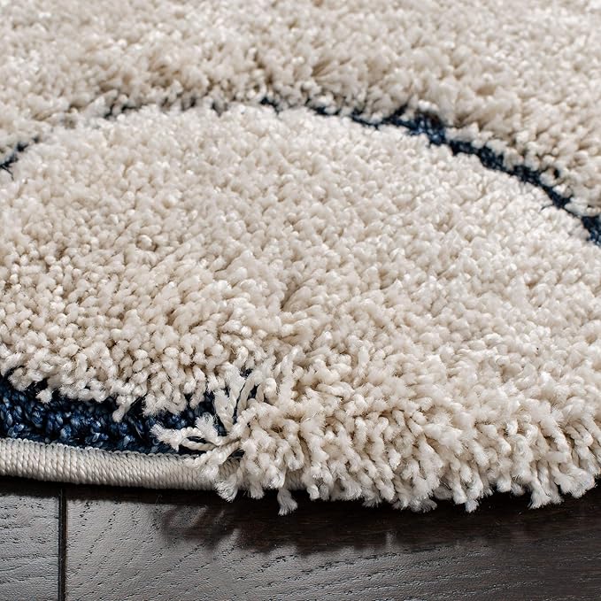 SAFAVIEH Florida Shag Collection Area Rug - 4' Round, Cream & Blue, Scroll Design, Non-Shedding & Easy to Clean, High-Low Plush Pile, Ideal for Living Room, Bedroom, Dining Space (SG455-1165)