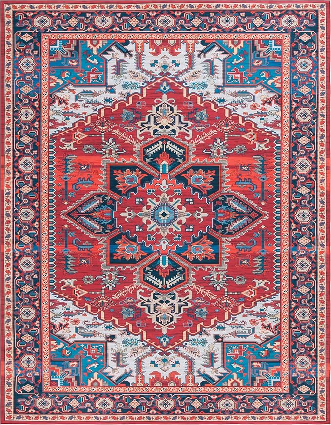 SAFAVIEH Washable Rug Tucson Collection - 9' x 12', Red & Blue, Slip Resistant & Easy to Clean, Ideal for Living Room, Bedroom, Dining Space (TSN101Q)
