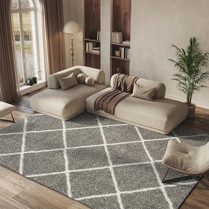 SAFAVIEH Hudson Shag Collection Area Rug - 9' x 12', Grey & Ivory, Modern Trellis Design, Non-Shedding & Easy Care, 2-inch Thick Ideal for High Traffic Areas in Living Room, Bedroom (SGH281B)