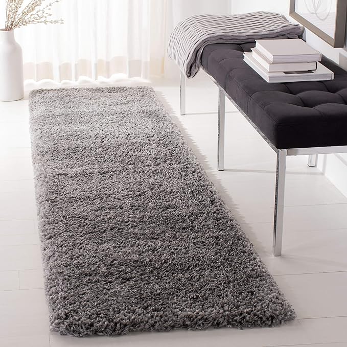 SAFAVIEH Fontana Shag Collection Runner Rug - 2'3" x 6', Silver, Solid Design, Non-Shedding & Easy Care, 2-inch Thick Ideal for High Traffic Areas in Living Room, Bedroom (FNT800G)