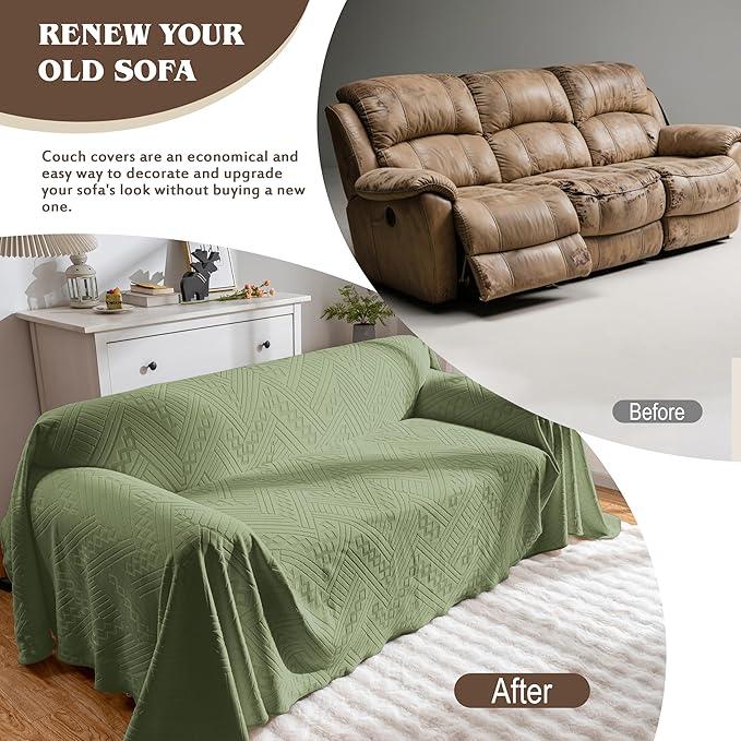 Waterproof Couch Cover, Reversible, Pet-Friendly, Washable and Anti-Slip Couch Covers for Sofa Protection with 3 Cushions, Sofa Slipcovers for Dogs and Cats (71×118in/Green)