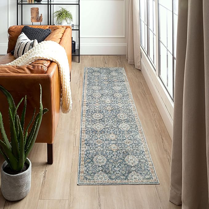 Mohawk Home Garrett Floral Ornamental Denim Blue 2' x 8' Area Rug Perfect for Living Room, Dining Room, Office