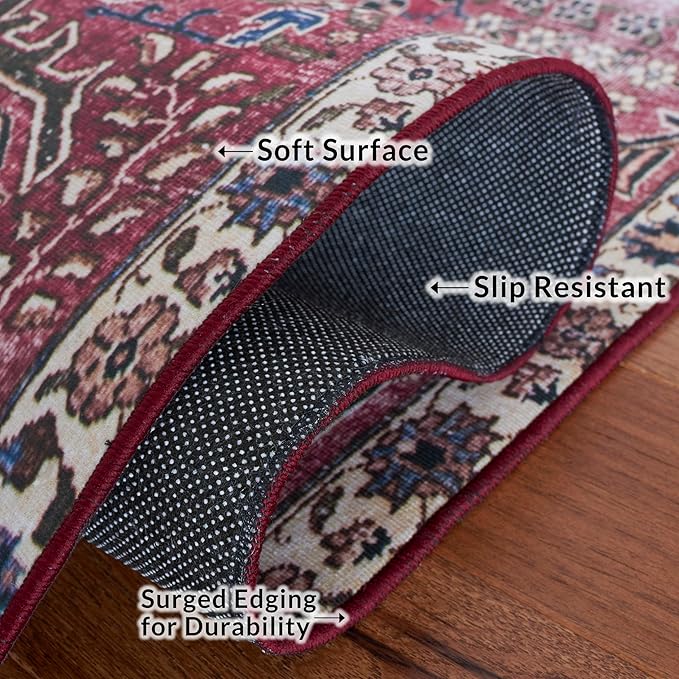 SAFAVIEH Washable Rug Tucson Collection - 2'6" x 6' Runner, Red & Beige, Slip Resistant & Easy to Clean, Ideal for Hallway, Foyer, Entryway, Bedroom (TSN174Q)