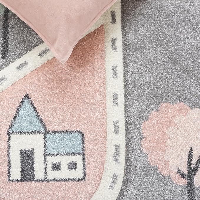 SAFAVIEH Carousel Kids Collection Area Rug - 6'7" Square, Grey/Pink, Geometric Design, Ideal for High Traffic Areas in Living Room, Bedroom, Dining (CRK193U)