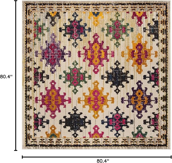 SAFAVIEH Monaco Collection Area Rug - 6'7" Square, Ivory & Multi, Boho Diamond Trellis Design, Non-Shedding & Easy Care, Ideal for High Traffic Areas in Living Room, Bedroom (MNC244A)