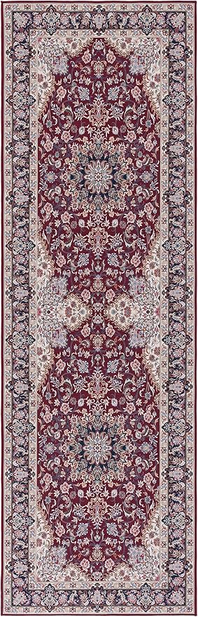 SAFAVIEH Washable Rug Tucson Collection - 2'6" x 6' Runner, Red & Navy, Slip Resistant & Easy to Clean, Ideal for Hallway, Foyer, Entryway, Bedroom (TSN135Q)