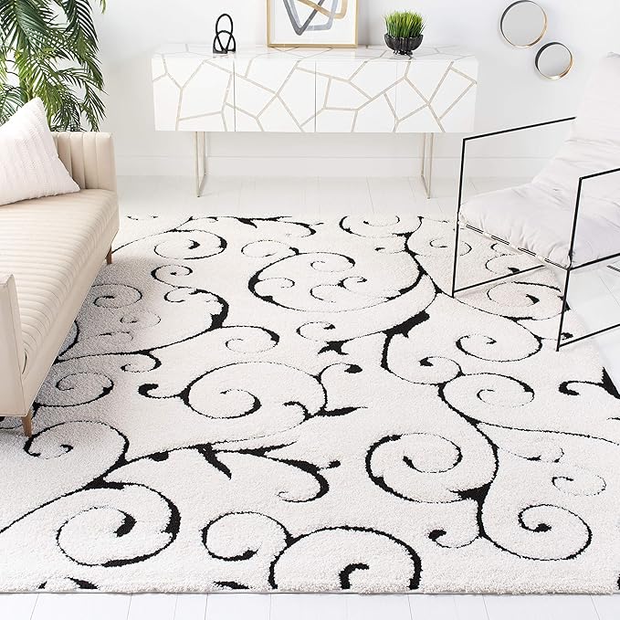 SAFAVIEH Florida Shag Collection Area Rug - 8' Square, Ivory & Black, Scroll Design, Non-Shedding & Easy to Clean, High-Low Plush Pile, Ideal for Living Room, Bedroom, Dining Space (SG455-1290)