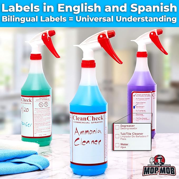 Extra Safe, Bilingual MSDS Spray Bottles 3 Pack. Large, Empty 32 Oz Bottle Perfect for Professional Cleaning Solutions, Sanitizers or Household Cleaners. Best Heavy Duty Plastic Bottle With Data Sheet