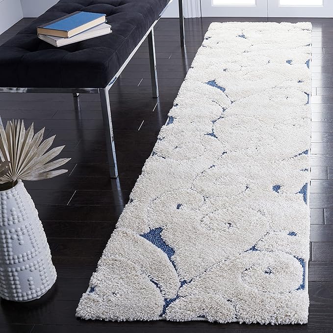SAFAVIEH Florida Shag Collection Runner Rug - 2'3" x 9', Cream & Blue, Scroll Design, Non-Shedding & Easy to Clean, High-Low Plush Pile, Ideal for Bedroom, Foyer, Hallway (SG455-1165)