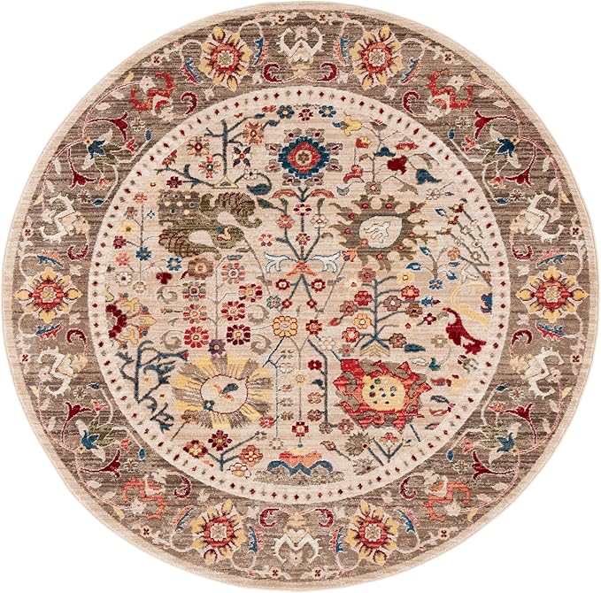 SAFAVIEH Kashan Collection Area Rug - 6'7" Round, Beige & Taupe, Traditional Oriental Design, Non-Shedding & Easy Care, Ideal for High Traffic Areas in Living Room, Bedroom, Dining (KSN303K-7R)