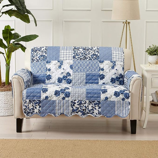 Great Bay Home Reversible Patchwork Loveseat Cover - Washable Slipcover Furniture Protector with Elastic Straps - Couch Cover for Dogs, Kids, and Pets - Box-Stitched Detail (Loveseat, Navy)