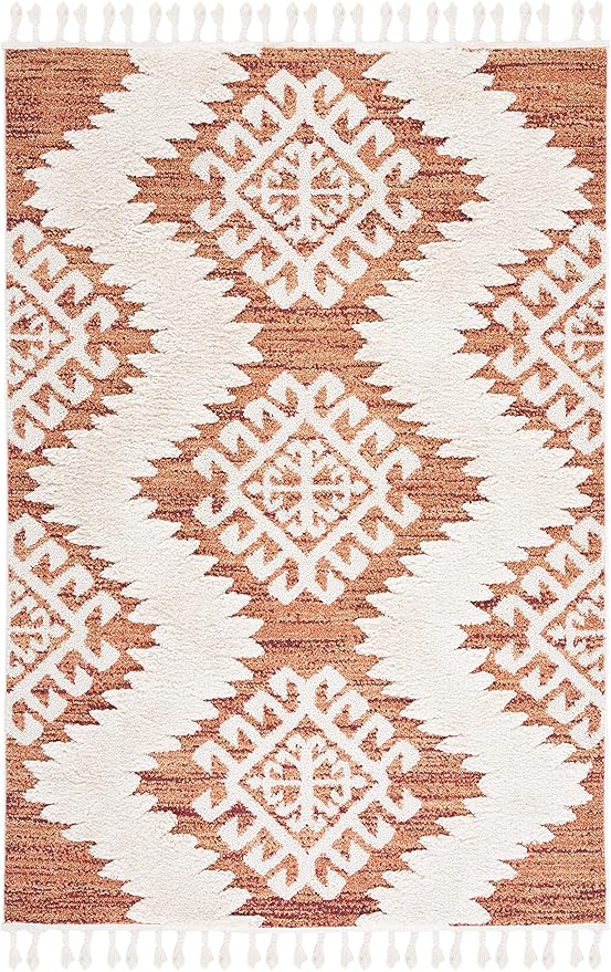 SAFAVIEH Moroccan Tassel Shag Collection Accent Rug - 4' x 6', Orange & Ivory, Boho, Non-Shedding & Easy Care, 2-inch Thick Ideal for High Traffic Areas in Entryway, Living Room, Bedroom (MTS652P)