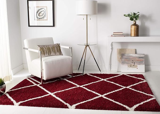 SAFAVIEH Hudson Shag Collection X-Large Area Rug - 11' x 15', Red & Ivory, Modern Trellis Design, Non-Shedding & Easy Care, 2-inch Thick Ideal for High Traffic Areas in Living Room, Bedroom (SGH281R)