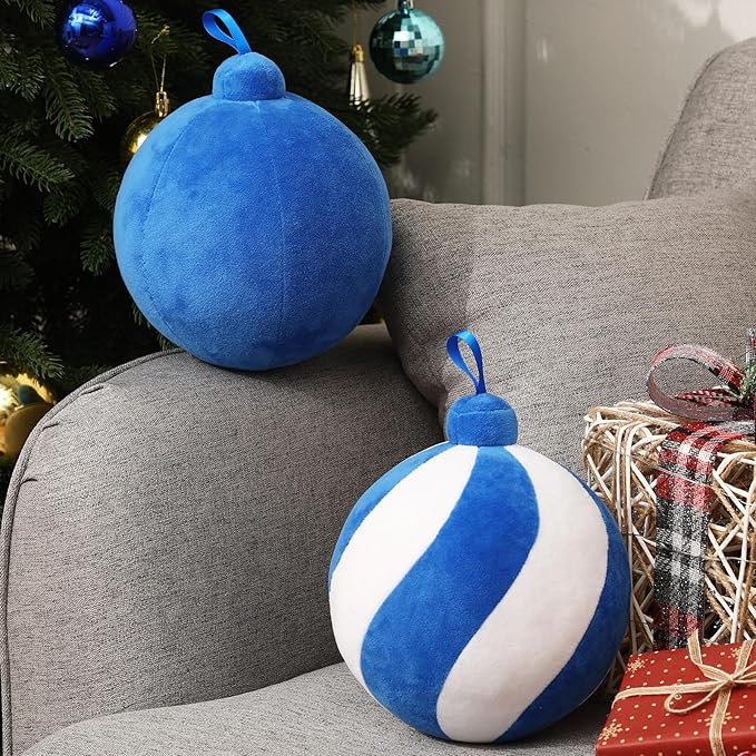 2 Pcs Christmas Pillows 7 Inch Round Christmas Ornament Shaped Throw Pillow Cute 3D Ball Xmas Throw Cushion Decoration for Bed Couch Sofa Chair Living Room(Blue and White)