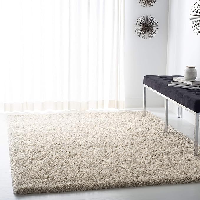 SAFAVIEH Fontana Shag Collection Area Rug - 5'3" x 7'6", Creme, Solid Design, Non-Shedding & Easy Care, 2-inch Thick Ideal for High Traffic Areas in Living Room, Bedroom (FNT800B)