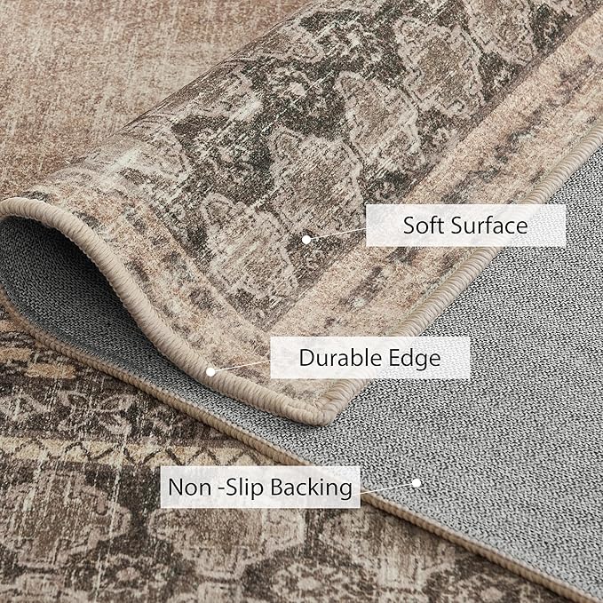 NICETOWN 2'x 6' Hallway Runner Rug, Machine Washable Thin Non-Slip 2x6 Brown Kitchen Runner Rug Soft Foldable Mysterious Tribal Bordered Indoor Mat for Kitchen Bathroom Laundry Room, Brown