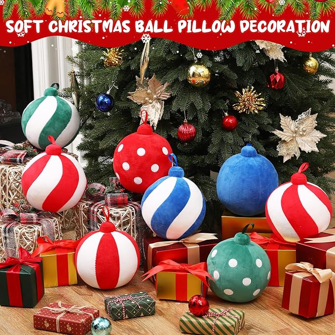 2 Pcs Christmas Pillows 7 Inch Round Christmas Ornament Shaped Throw Pillow Cute 3D Ball Xmas Throw Cushion Decoration for Bed Couch Sofa Chair Living Room(Light Red and White)