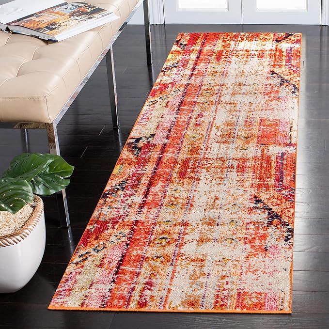 SAFAVIEH Monaco Collection Runner Rug - 2'2" x 12', Orange & Multi, Boho Chic Tribal Distressed Design, Non-Shedding & Easy Care, Ideal for High Traffic Areas in Living Room, Bedroom (MNC222H)