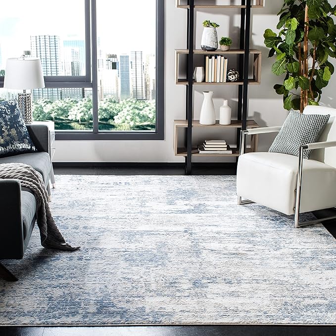 SAFAVIEH Amelia Collection Area Rug - 5' Square, Ivory & Blue, Modern Abstract Design, Non-Shedding & Easy Care, Ideal for High Traffic Areas in Living Room, Bedroom (ALA700A)