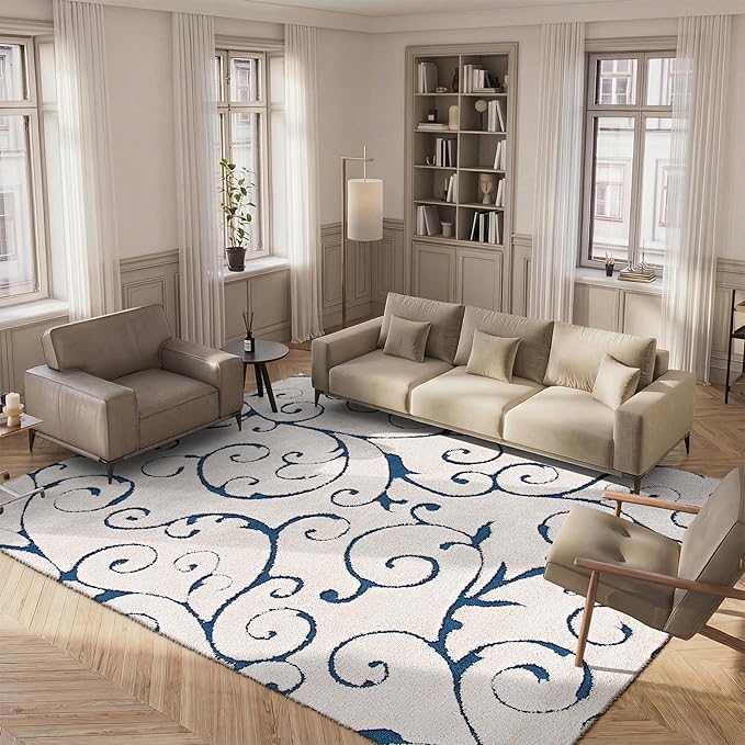 SAFAVIEH Area Rug 8x10 - Florida Shag Collection - Large - Cream & Blue, Scroll Design, Non-Shedding & Easy to Clean, High-Low Plush Pile, Ideal for Living Room, Bedroom, Dining Space (SG455-1165)