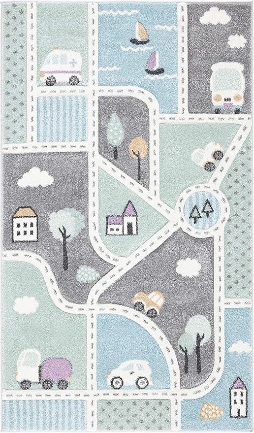SAFAVIEH Carousel Kids Collection Accent Rug - 3'3" x 5'3", Grey & Light Blue, Non-Shedding & Easy Care, Ideal for High Traffic Areas for Boys & Girls in Playroom, Nursery, Bedroom (CRK193F)