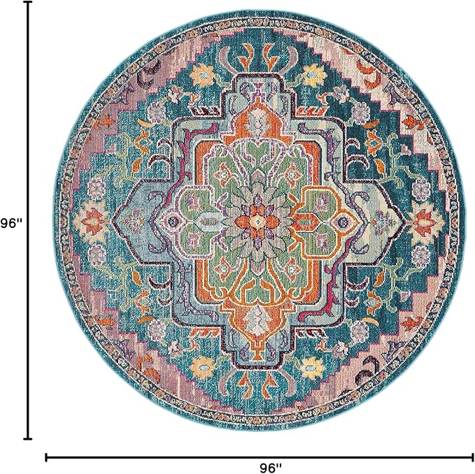 SAFAVIEH Crystal Collection 8' Round Teal/Rose CRS501T Boho Chic Oriental Medallion Distressed Non-Shedding Area Rug