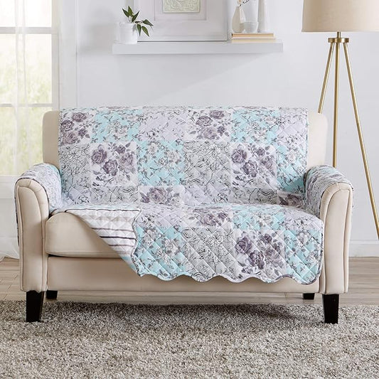 Great Bay Home Reversible Floral Patchwork Furniture Protector - Machine Washable, Scalloped Edge, Stain Resistant, Printed Furniture Cover for Dogs, Kids, and Pets (Loveseat, Gray/Aqua)