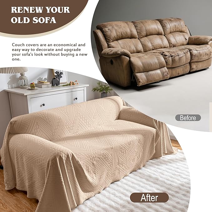 Waterproof Couch Cover for Dogs, Reversible Anti-Scratch Sofa Slipcover, Pet-Friendly and Anti-Slip Sofa Covers Washable with 3 Cushions (71×134in/Khaki)