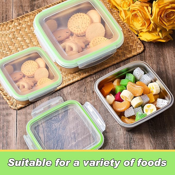 3 Pack Stainless Steel Sandwich Containers with Lids Multi Size Metal Food Container for Lunch Boxes with Airtight Silicone Seal for Sandwiches and Snacks (Green)