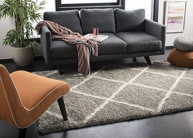 SAFAVIEH Hudson Shag Collection Area Rug - 5' Square, Grey & Ivory, Modern Trellis Design, Non-Shedding & Easy Care, 2-inch Thick Ideal for High Traffic Areas in Living Room, Bedroom (SGH281B)