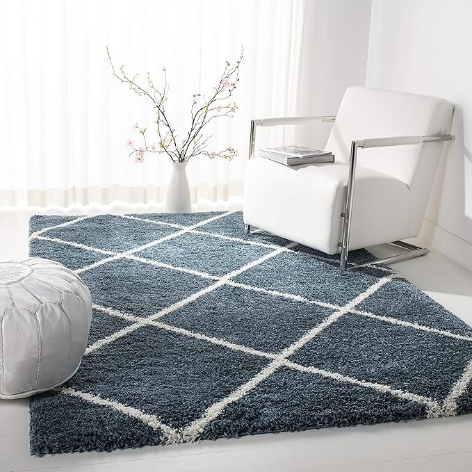 SAFAVIEH Hudson Shag Collection Area Rug - 5'3" x 7'6", Slate Blue & Ivory, Modern Trellis Design, Non-Shedding & Easy Care, 2-inch Thick Ideal for High Traffic Areas in Living Room, Bedroom (SGH281L)