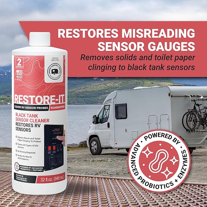 Unique Restore-It RV Sensor Cleaner Liquid - Cleans and Restores Misreading Sensor Probes by Removing Stuck-On Waste in Black Tanks - 2 Treatments Per Bottle (32 oz) Packaging May Vary
