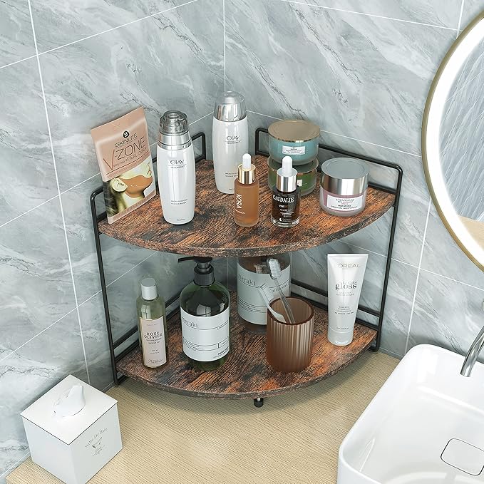 2 Tier Corner Shelf, Bathroom Organizer Countertop, Wooden Bathroom Trays for Counter Vanity Organizer, Makeup Cosmetic Storage Shelf, Kitchen Spice Rack, Rustic Brown