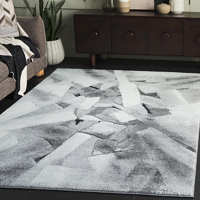 SAFAVIEH Porcello Collection Area Rug - 7' Square, Ivory & Grey, Modern Abstract Design, Non-Shedding & Easy Care, Ideal for The Living Room, Dining Room Bedroom (PRL6937F)